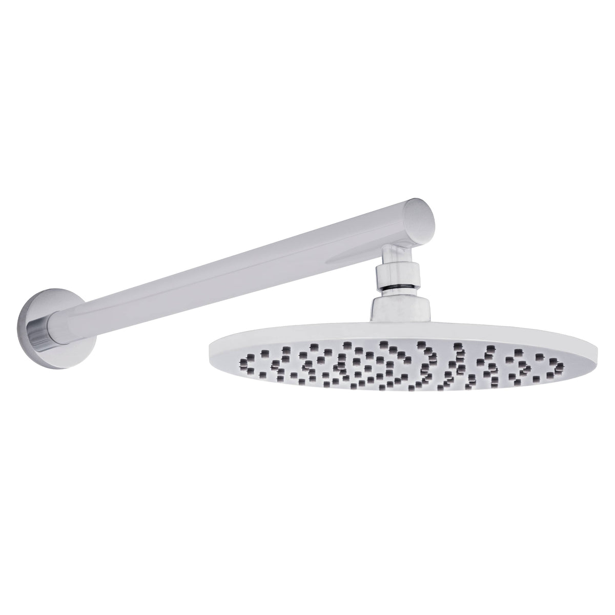Chrome overhead shower head with many jet nozzles and wall-mounted arm