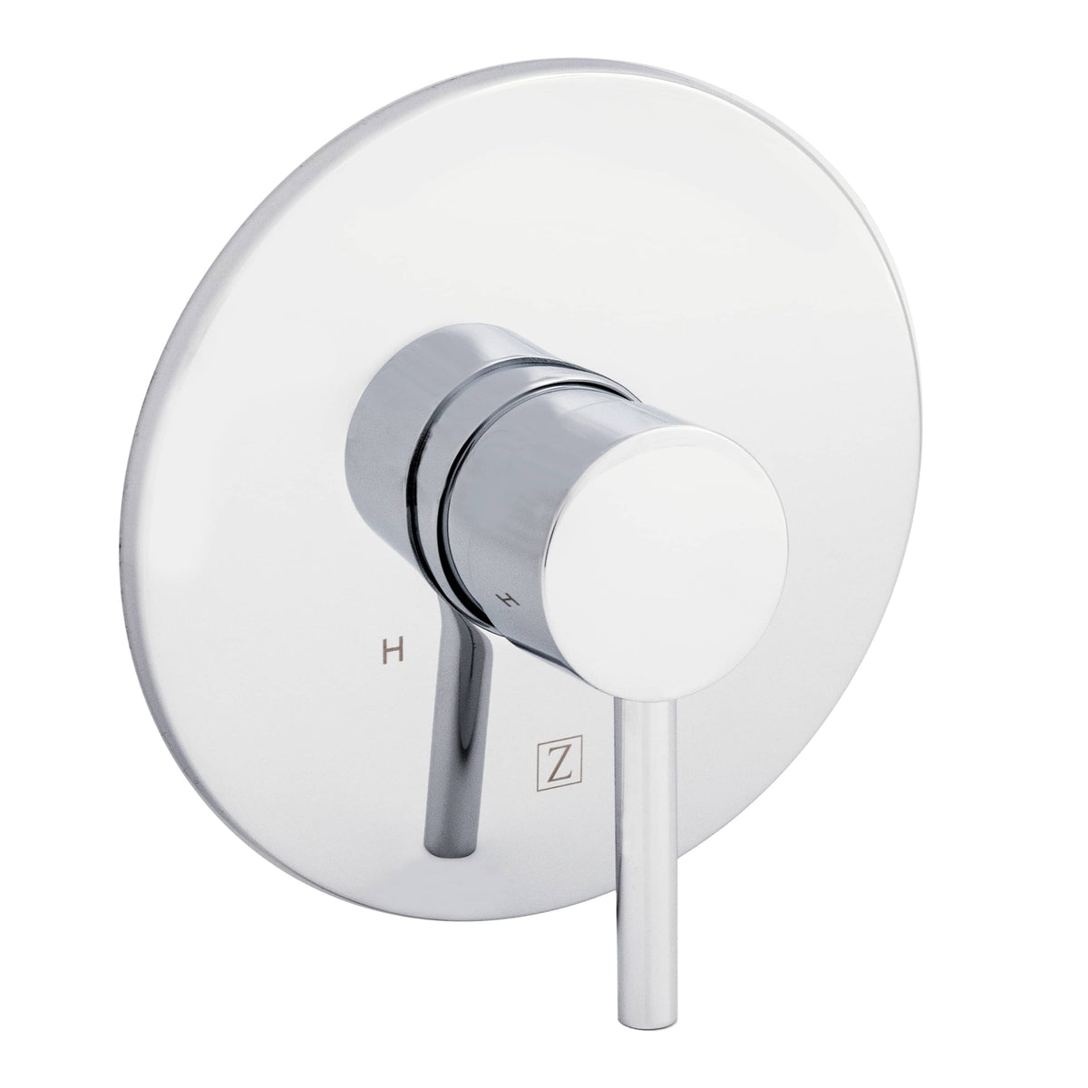 Chrome shower valve handle with round face, hot/cold markings, and lever