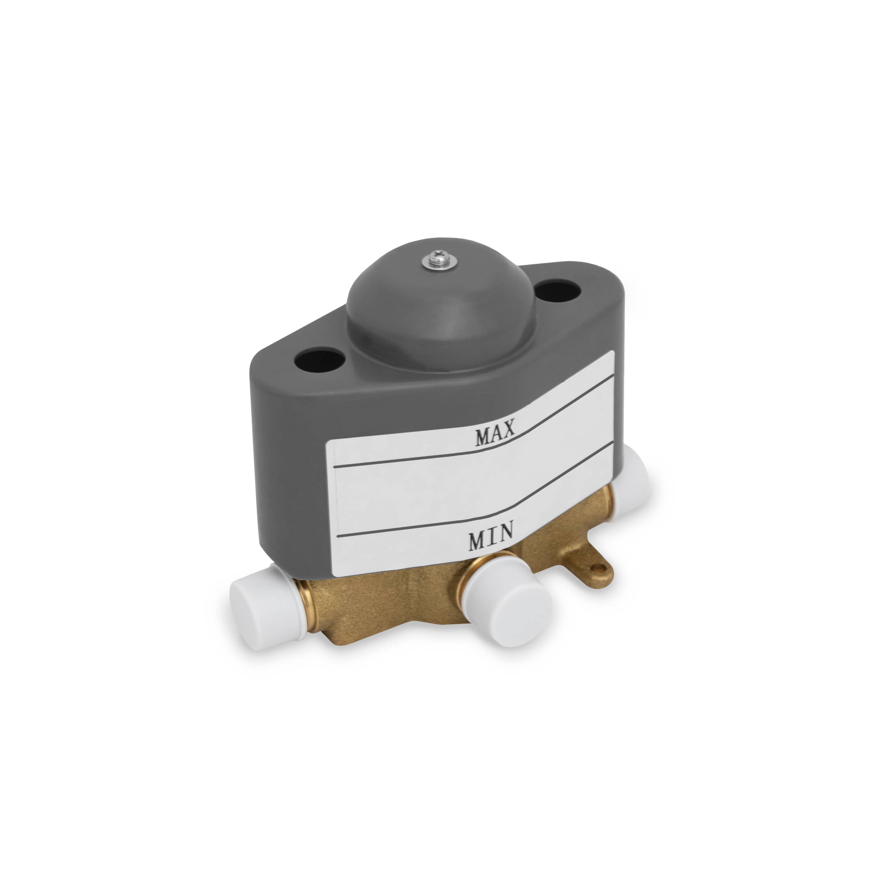 Shower valve mixing cartridge assembly with MAX/MIN markings and matte black cap.