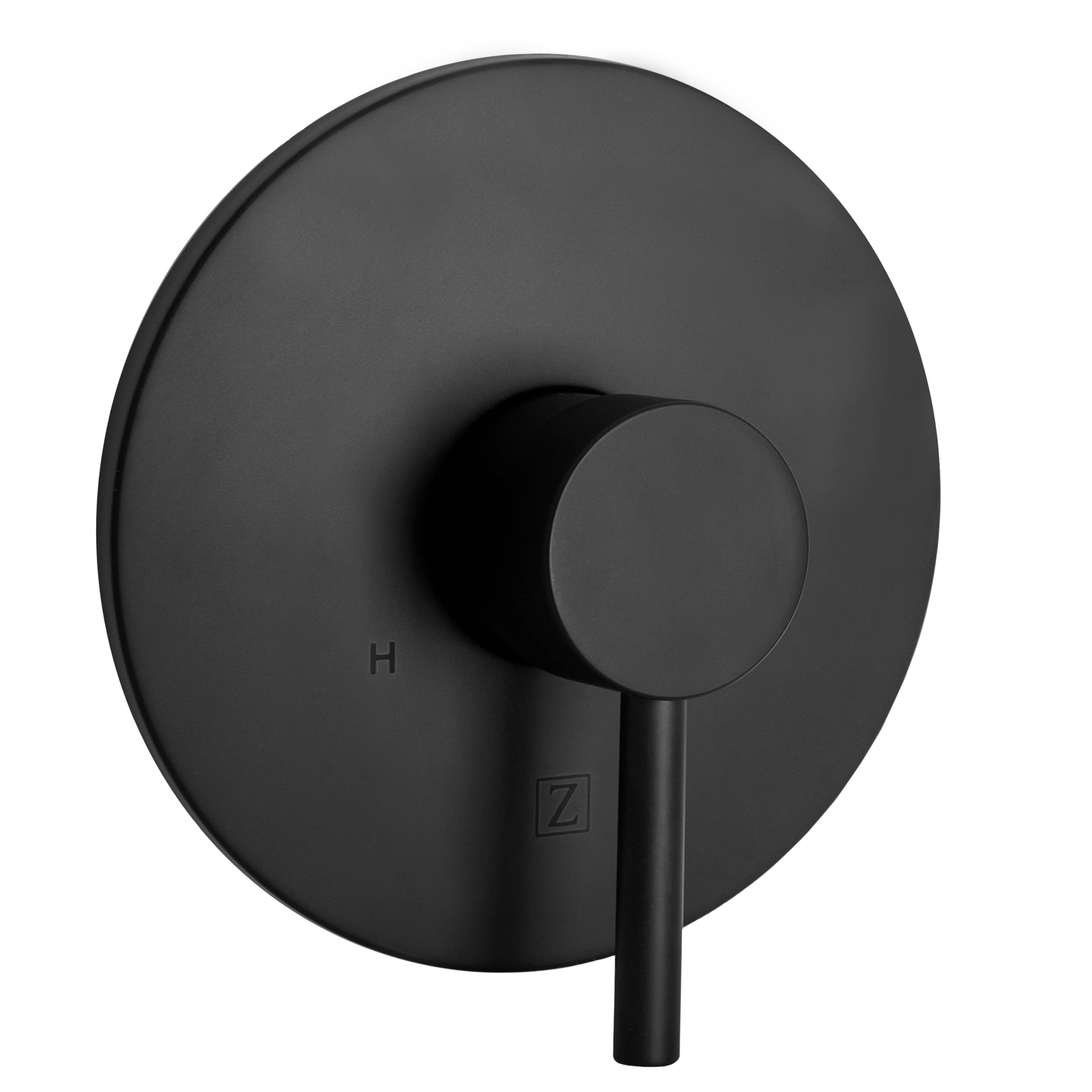 Matte black single-handle shower valve trim with round cover and lever control.