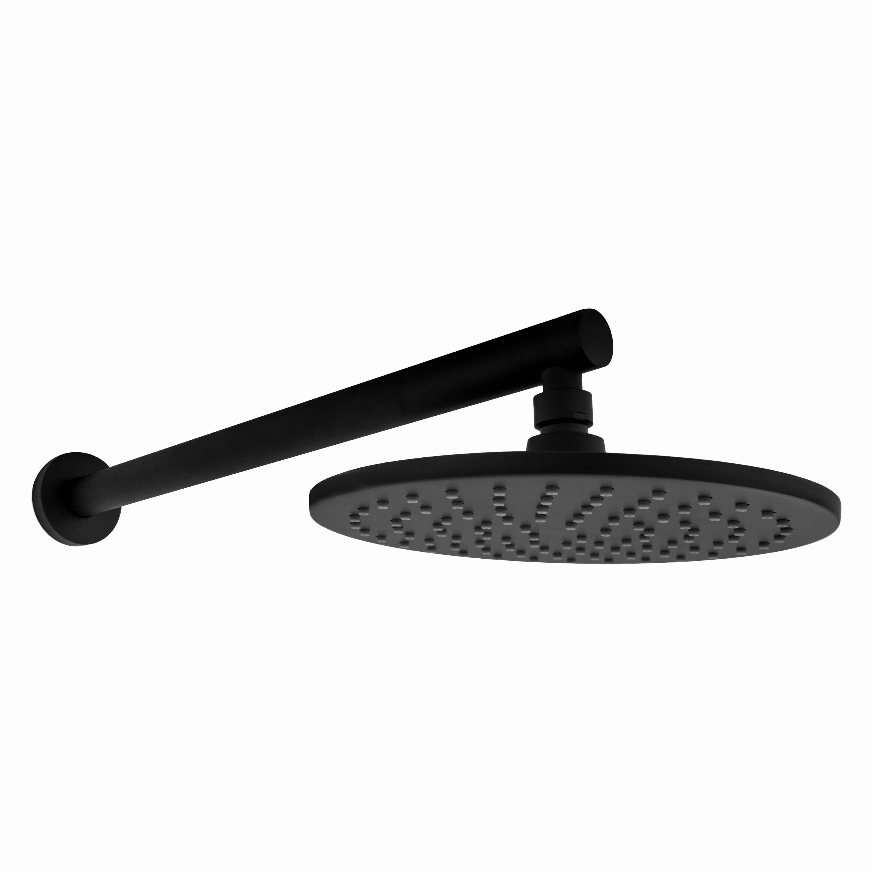 Matte black shower bar and rain showerhead with round wall lever and arm mount.