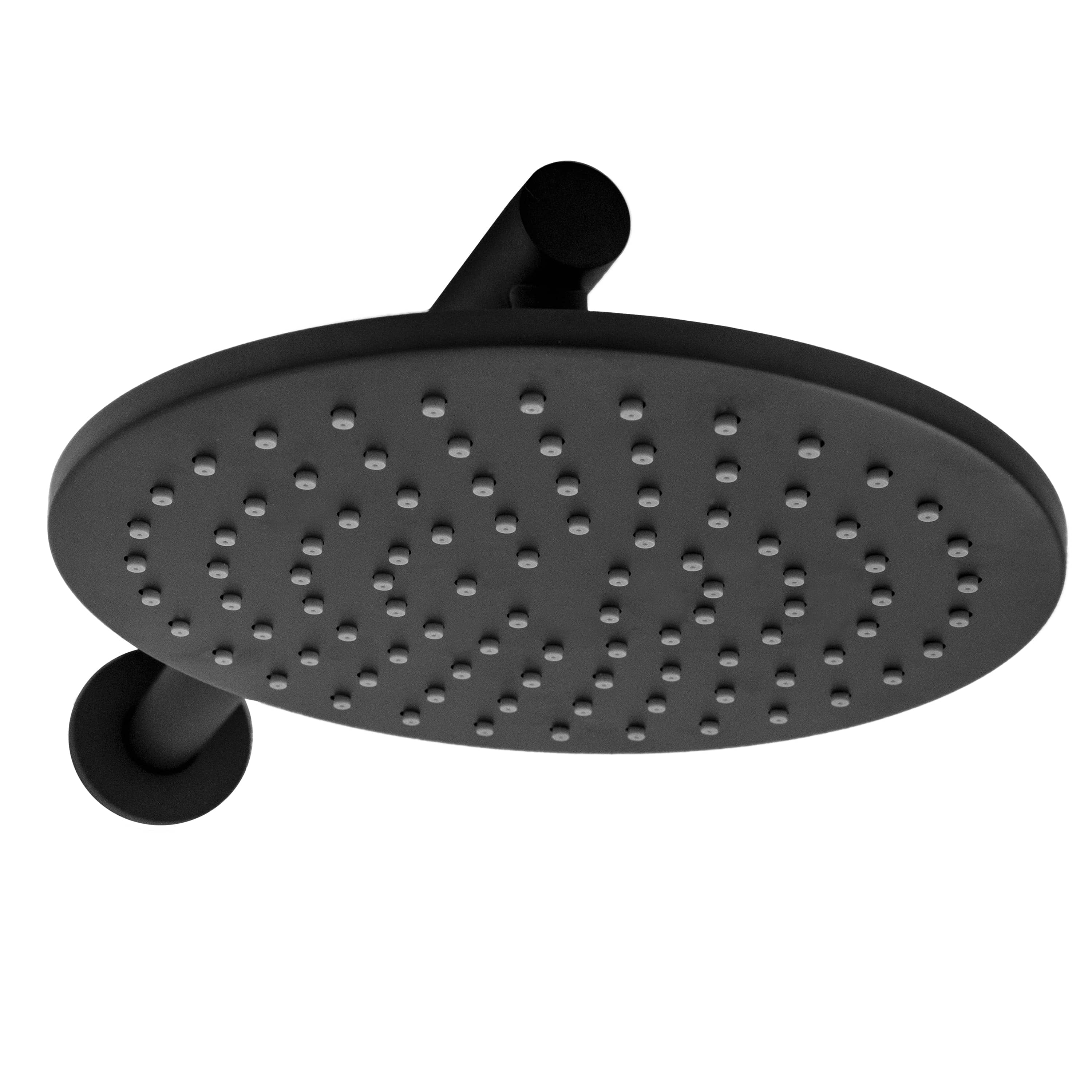Matte black rain showerhead with perforated face and matching arm supports.