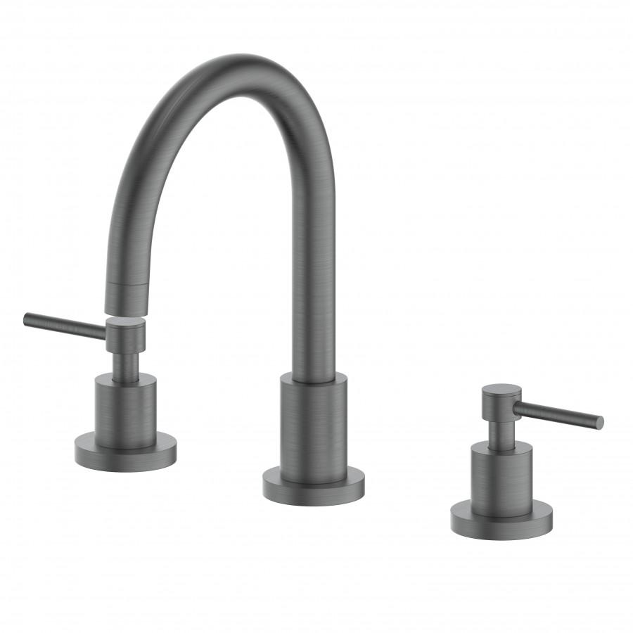 Gun metal widespread bath faucet with tall arched spout and side handles