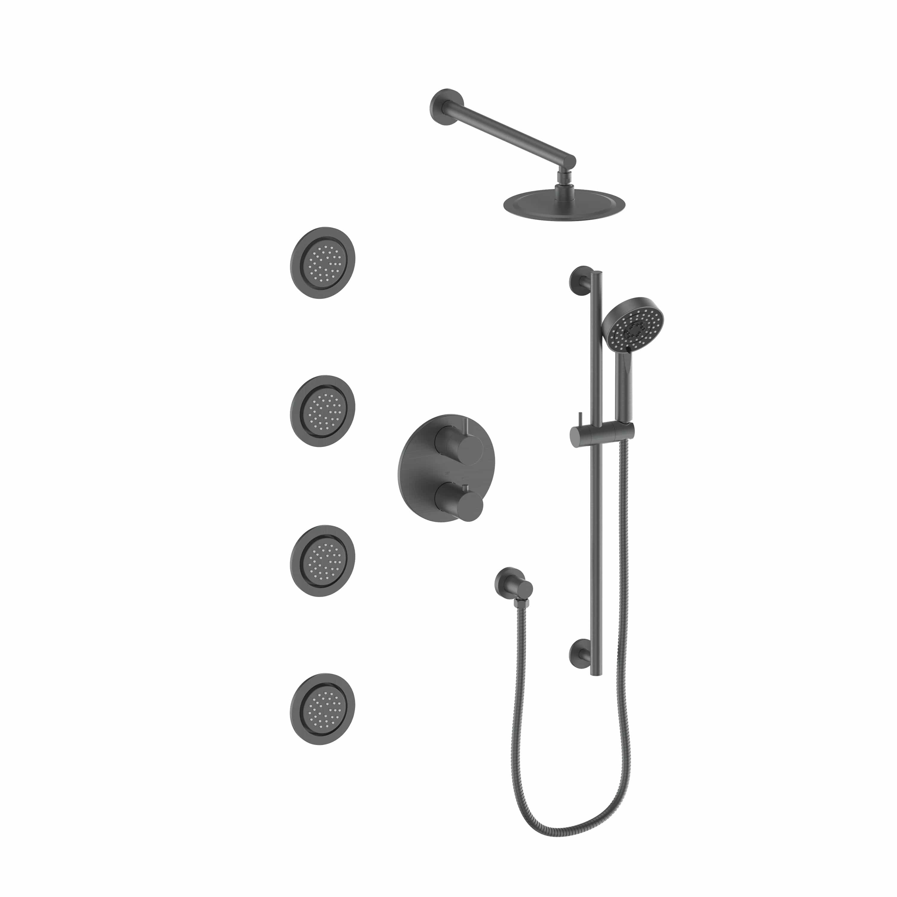 Gun metal thermostatic shower system with overhead shower head, handset, and body jets