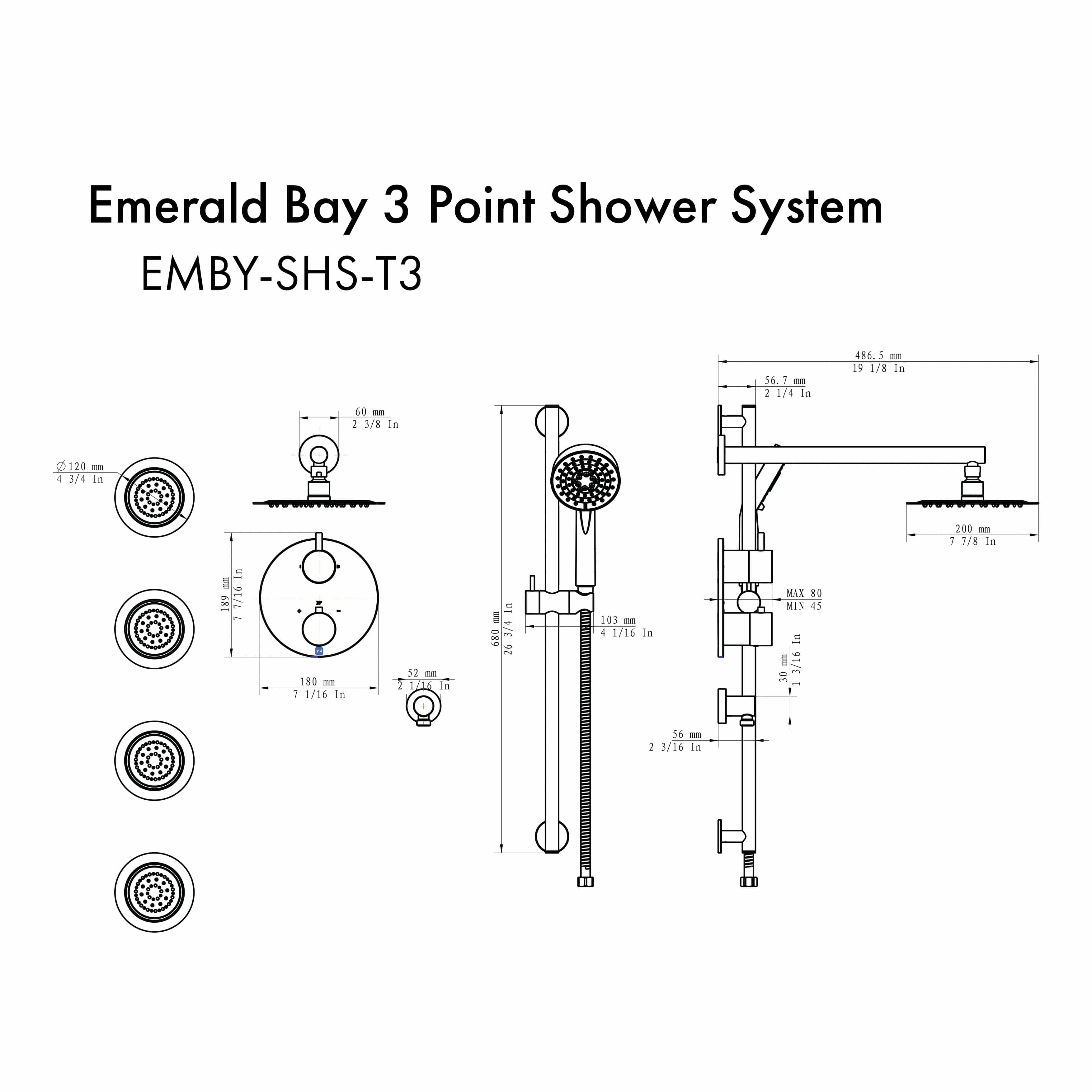 3-point shower system diagram showing shower heads, body jets, and mounting dimensions
