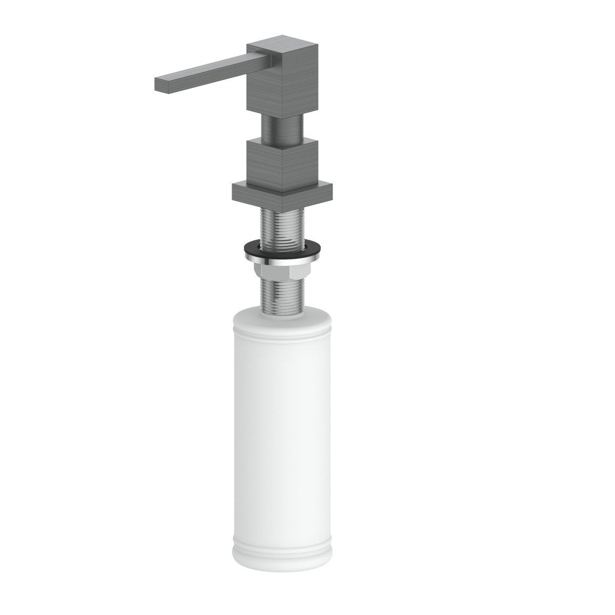 ZLINE soap dispenser faucet in gunmetal with white bottle and pump