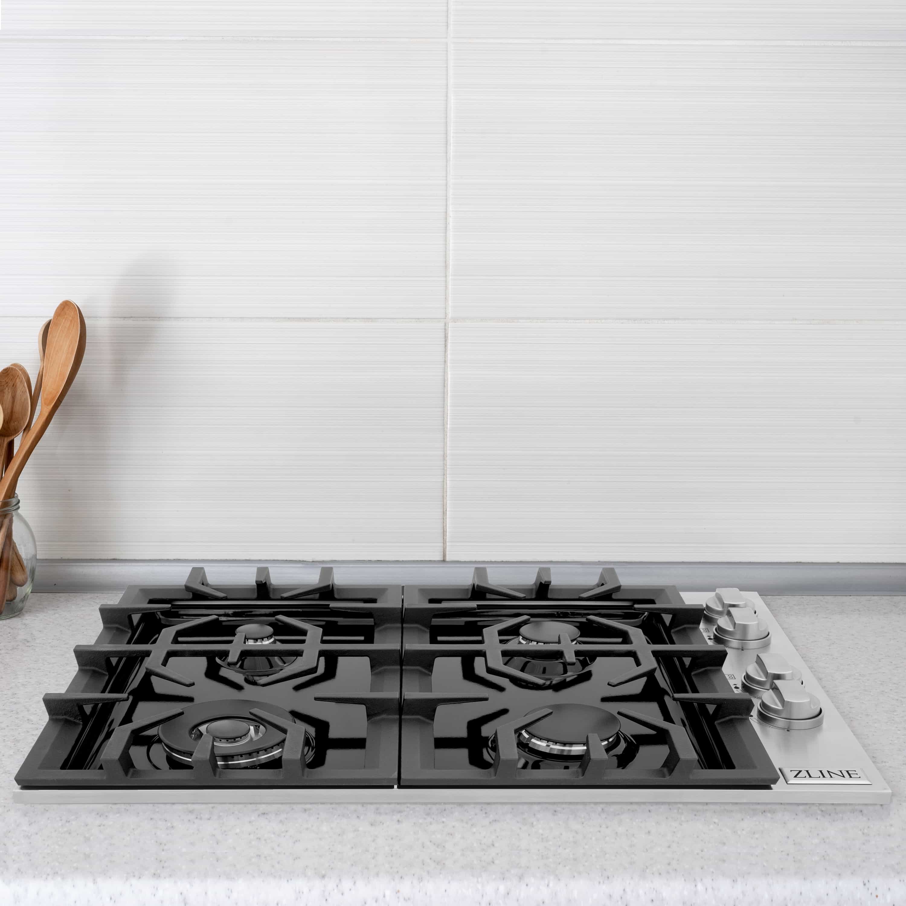 ZLINE black porcelain gas cooktop with four burners and black grates