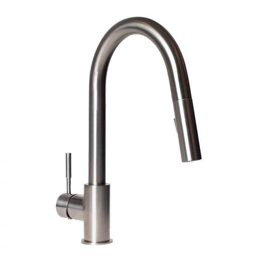 Brushed nickel kitchen faucet with tall curved gooseneck spout and single handle