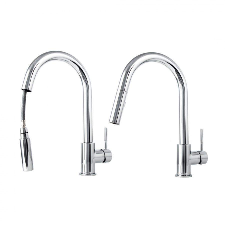 Chrome kitchen faucet with two curved gooseneck spouts and round handles