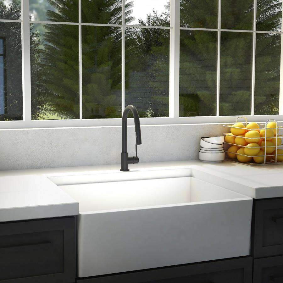 Matte black kitchen faucet mounted over a white farmhouse-style sink