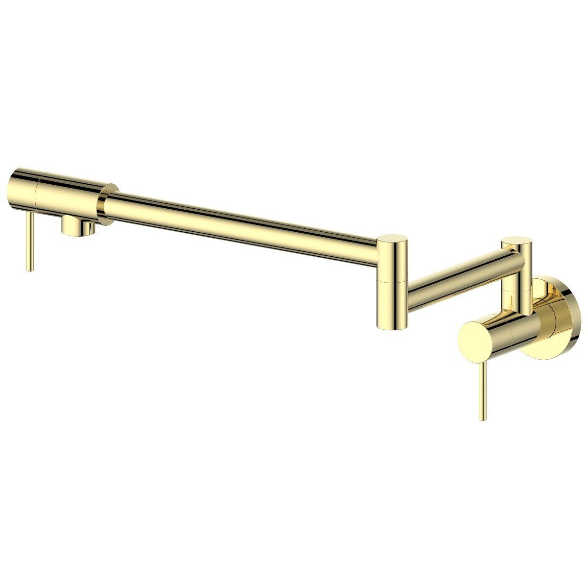 Polished gold pot filler faucet with side spray head and wall-mounted controls