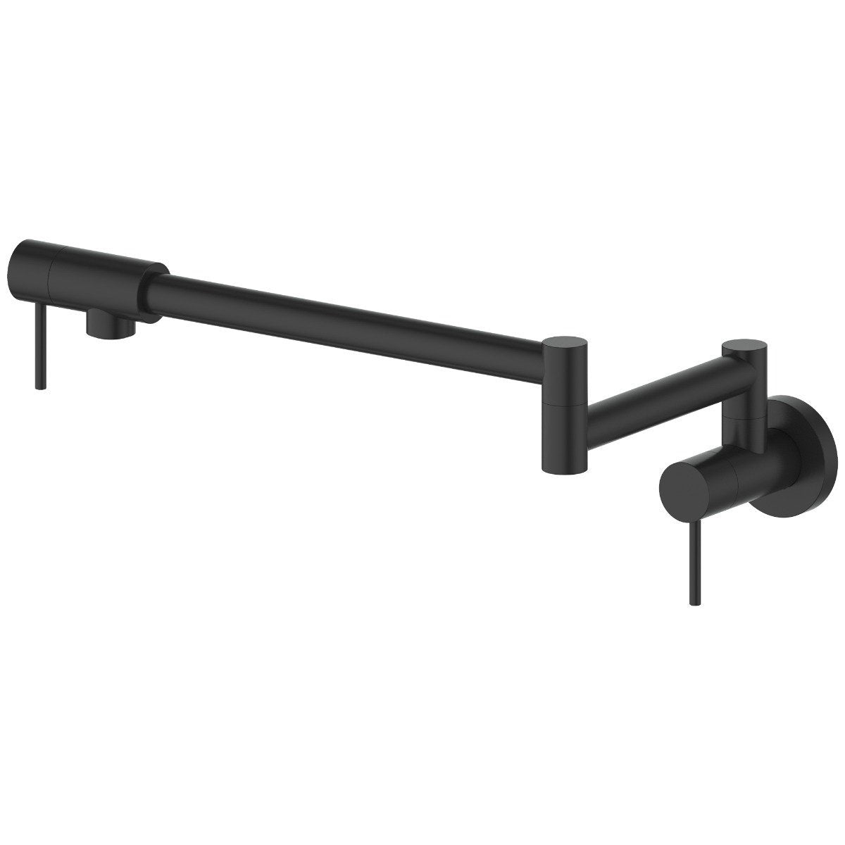 Matte black wall-mounted pot filler faucet with long spout and two cylindrical handles