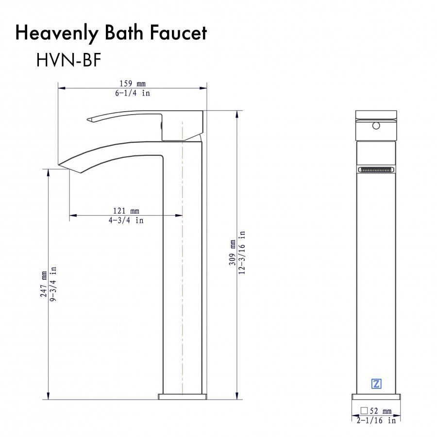 Dimensional drawing of chrome tall bath faucet with curved spout