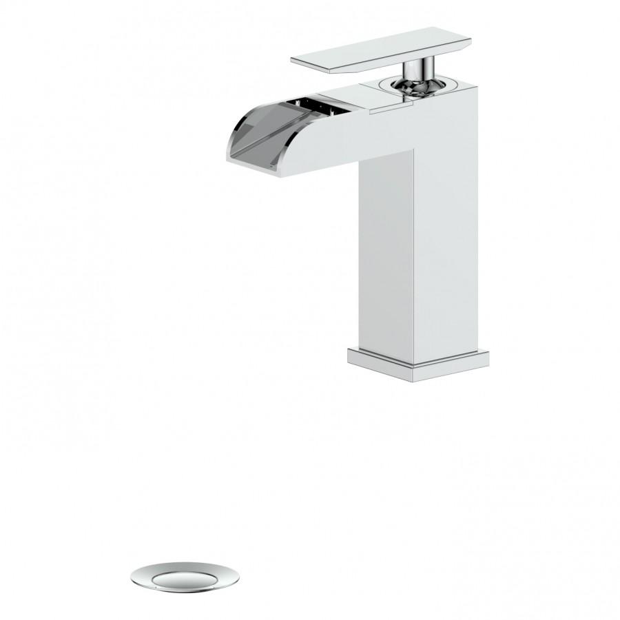 Chrome single-handle bathroom faucet, tall square body and curved spout