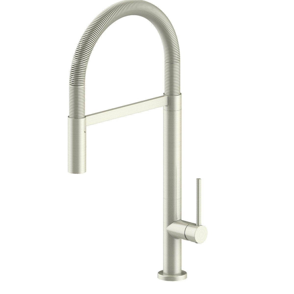 Brushed nickel incline kitchen faucet with single lever and flexible gooseneck