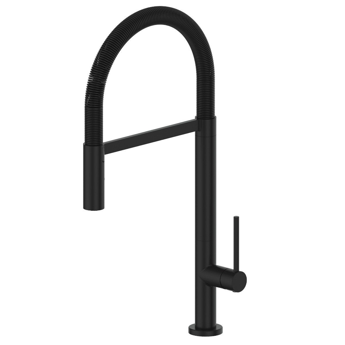 Matte black kitchen faucet with curved neck and side single lever
