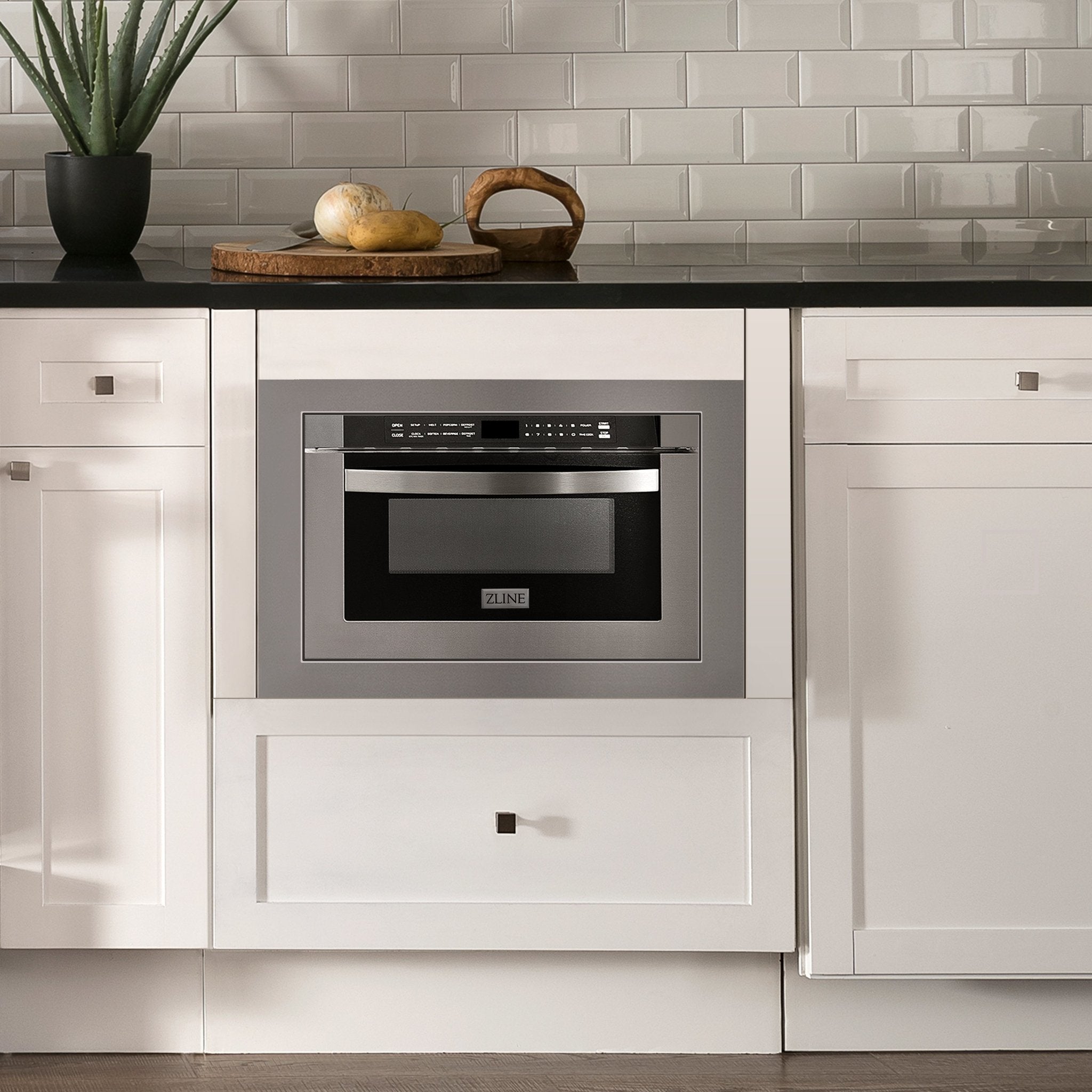 Microwave drawer trim kit with white surround panels for built-in ZLINE microwave drawer