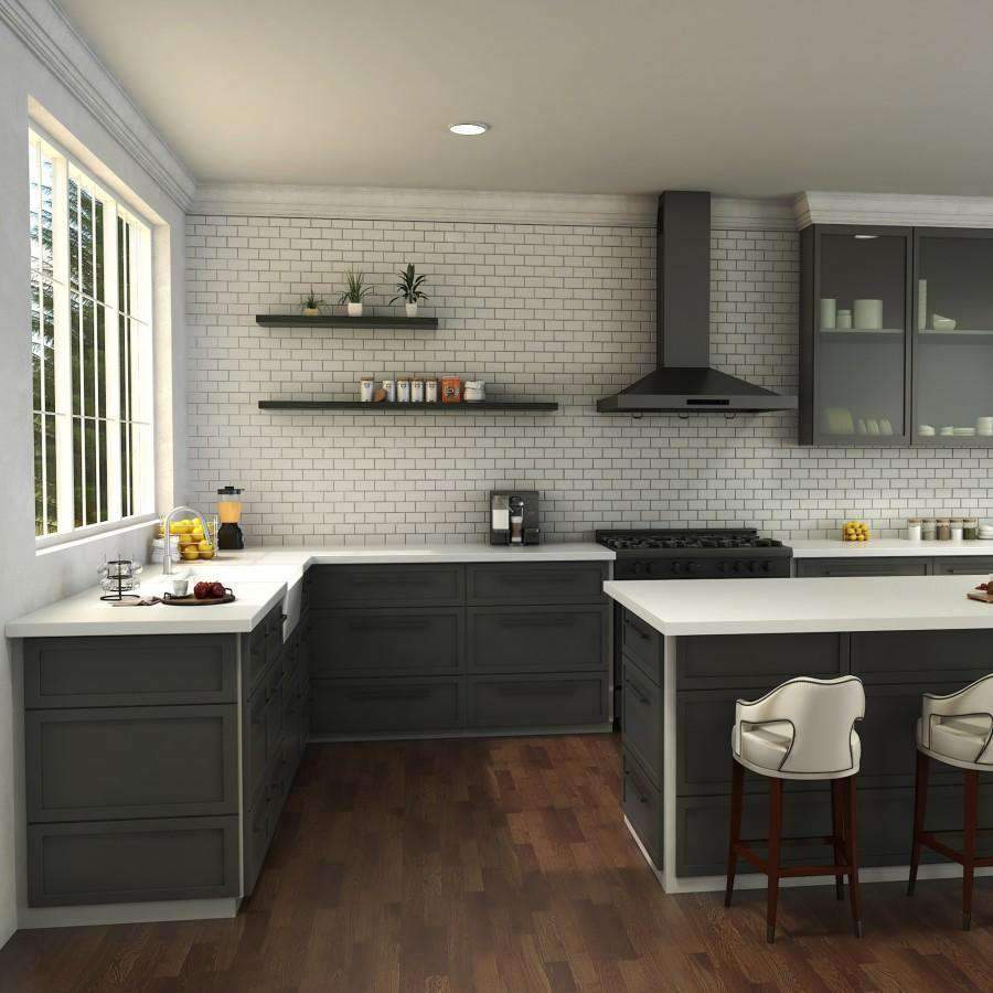 Brushed nickel kitchen faucet at sink with tall arched spout and lever handle