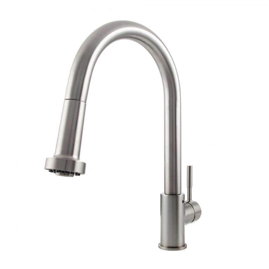 Brushed nickel kitchen faucet with tall arched spout and right-side lever handle