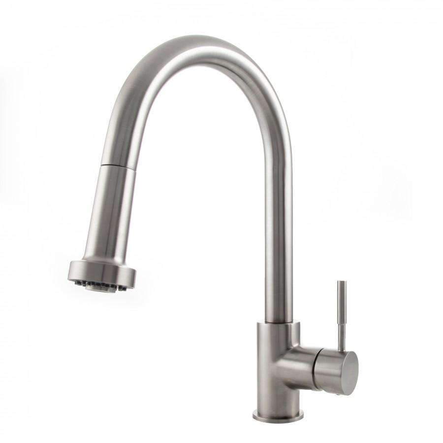 Brushed nickel kitchen faucet with tall arched spout and mounted right-side lever handle