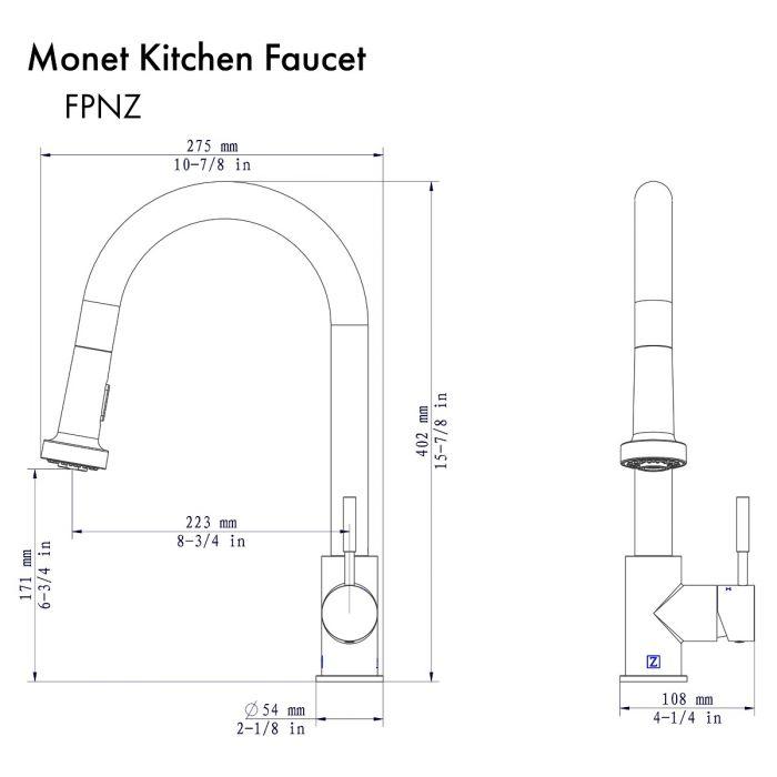 Chrome kitchen faucet with arched spout and cylindrical side handle, shown with dimension guide.