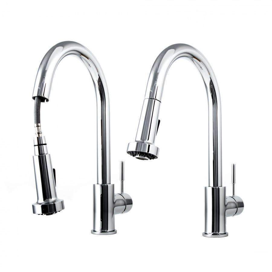 Two chrome kitchen faucet spouts with matching cylindrical handle controls