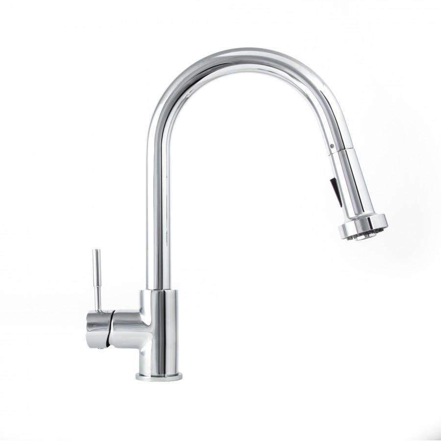 Chrome kitchen faucet with arched gooseneck spout and side control lever