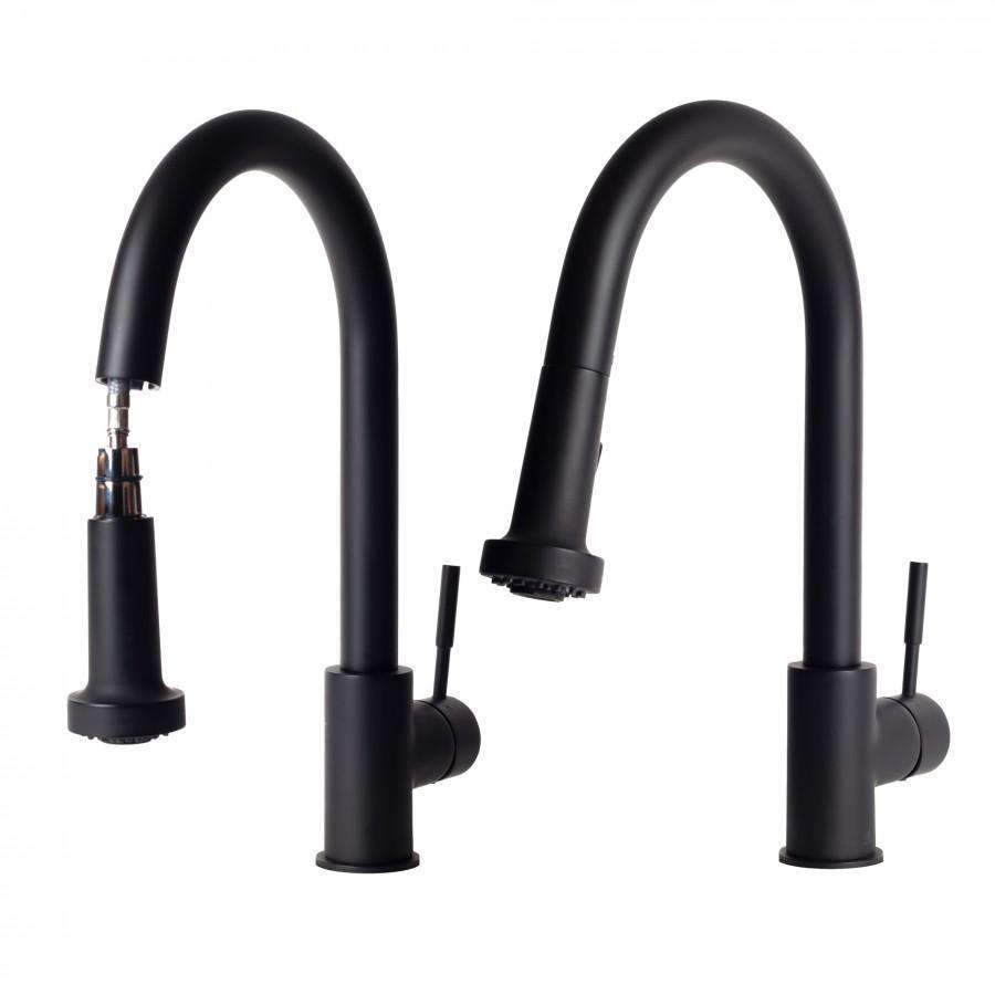 Matte black kitchen faucet with high-arc spout and two side handles