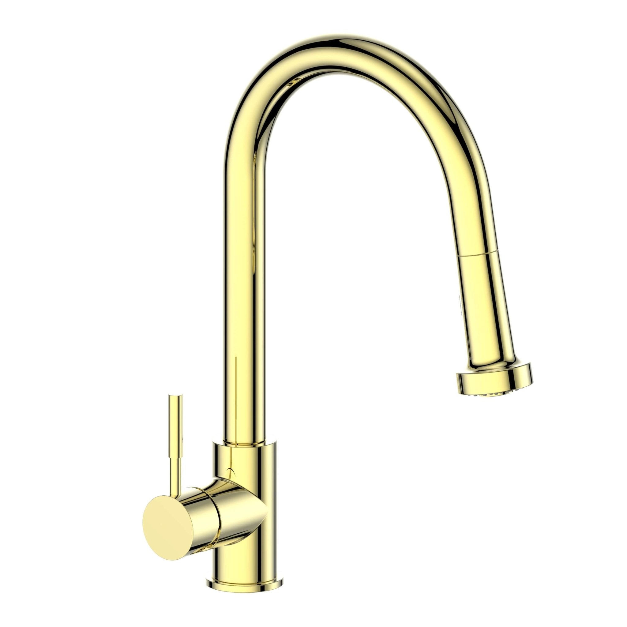Polished gold kitchen faucet with arched spout and single handle