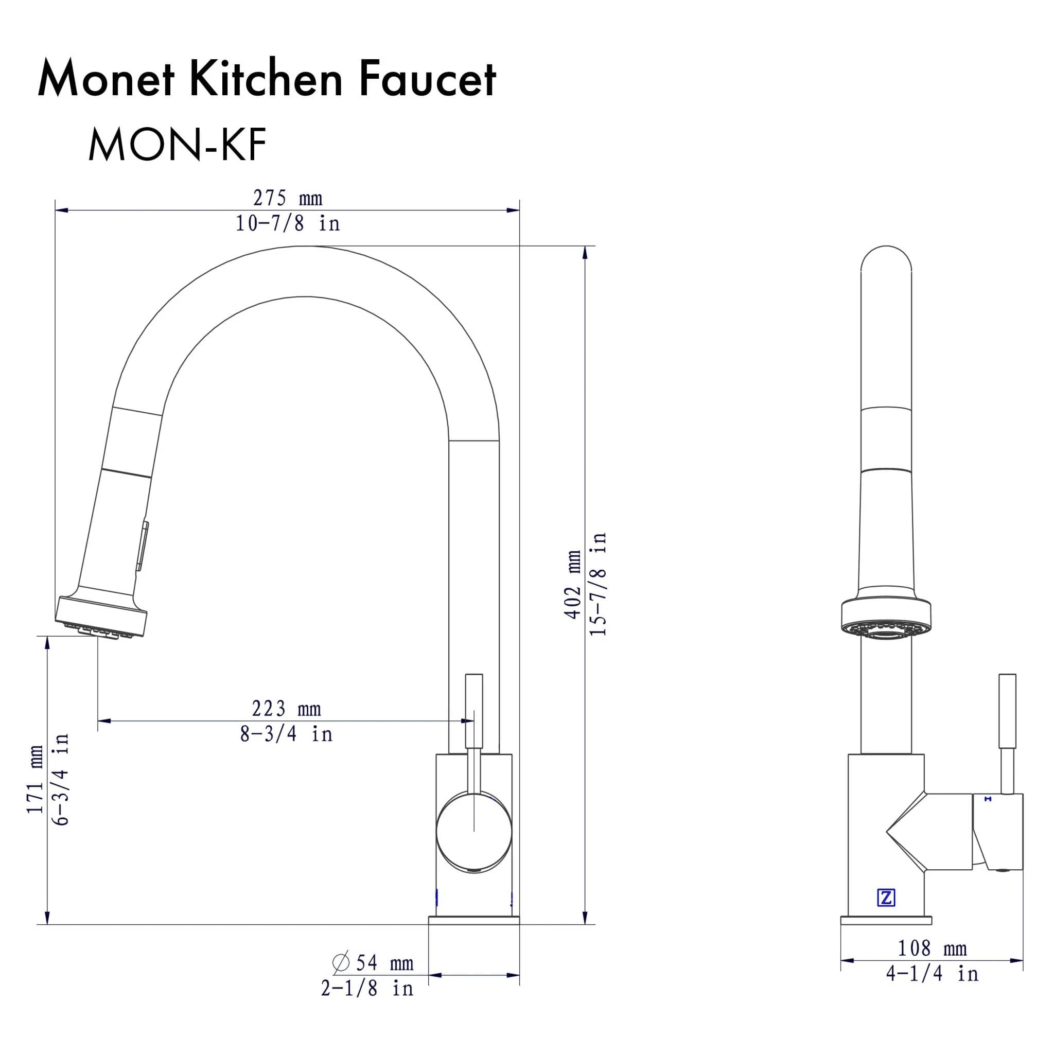 Kitchen faucet diagram with arched spout, pullout spray, and measurements