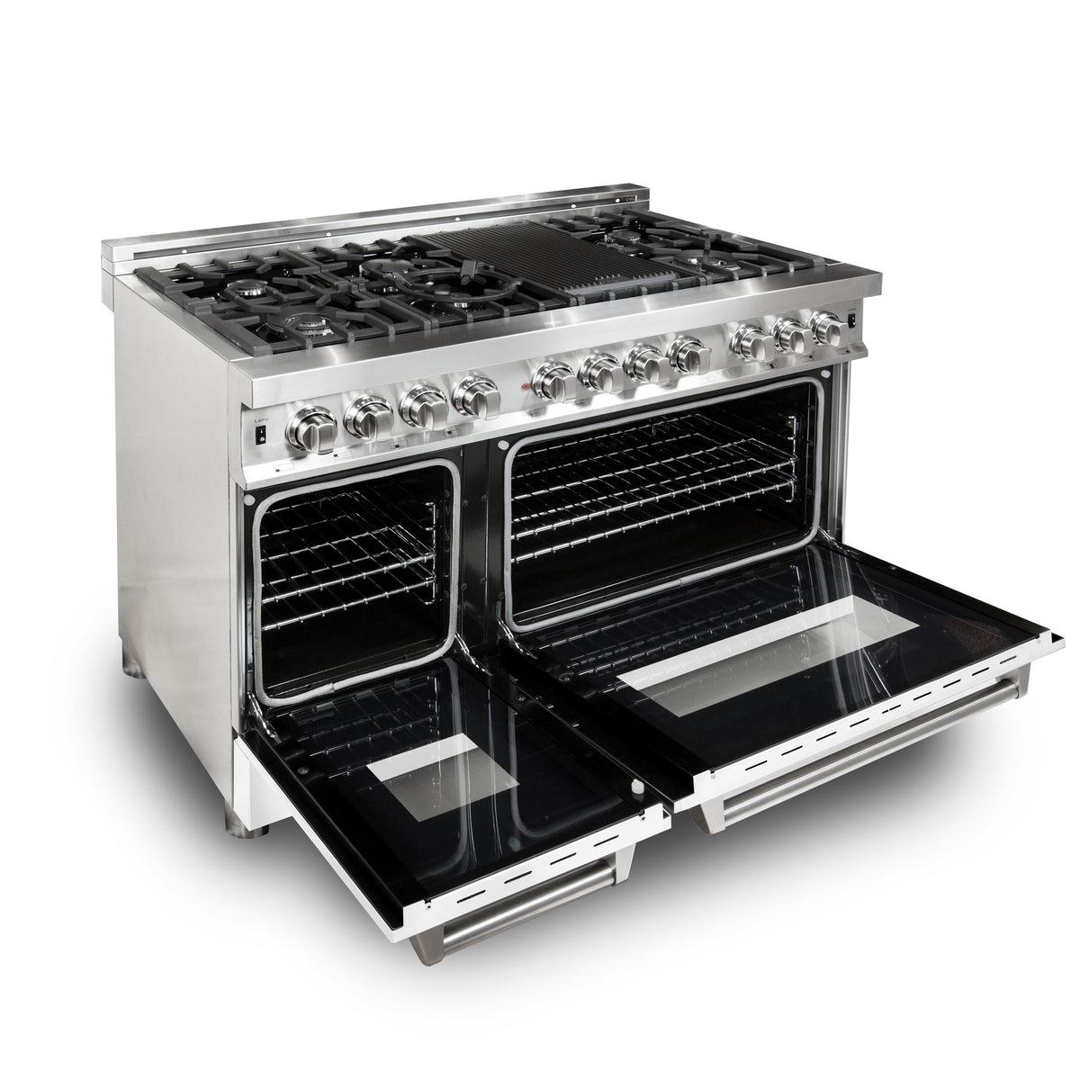 Stainless dual-fuel range with open electric oven, wire racks, and gas cooktop