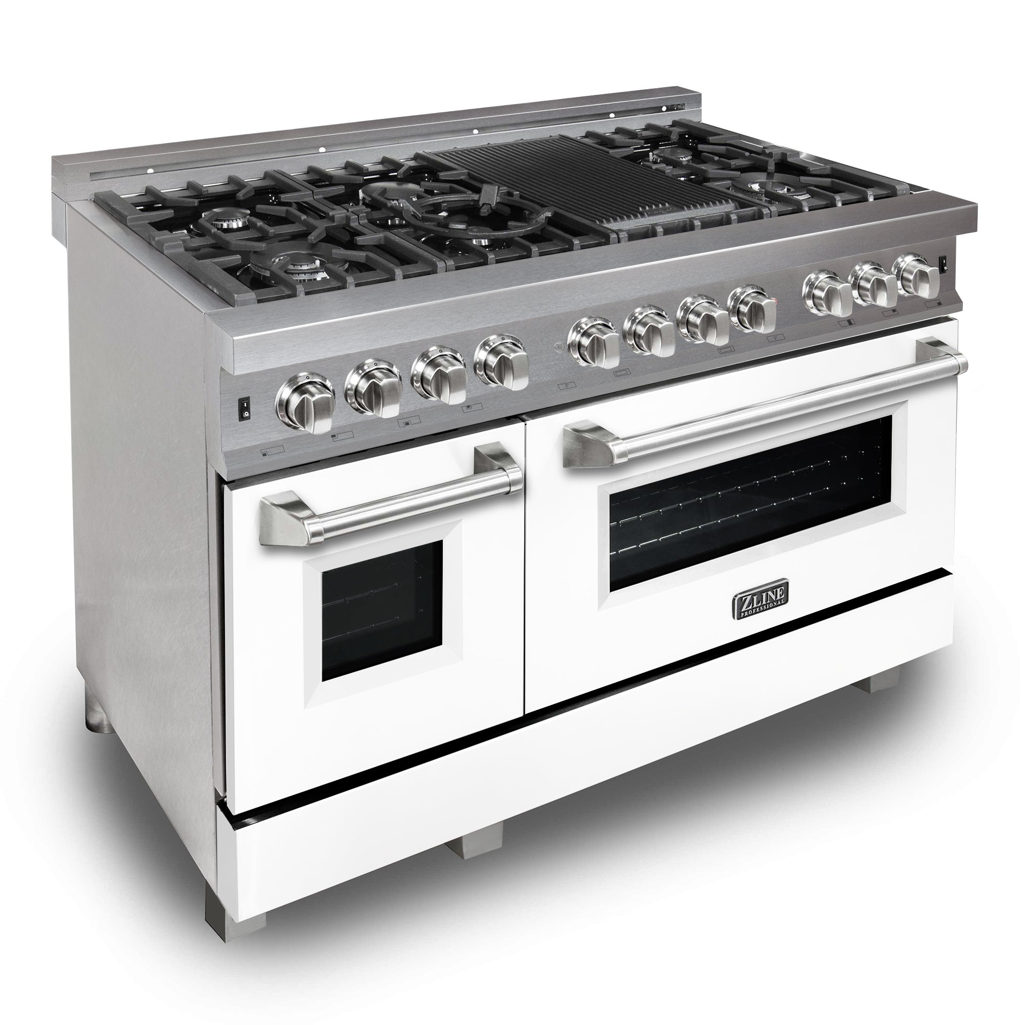 Stainless steel dual fuel range with gas burners, griddle, and two oven windows; front knobs
