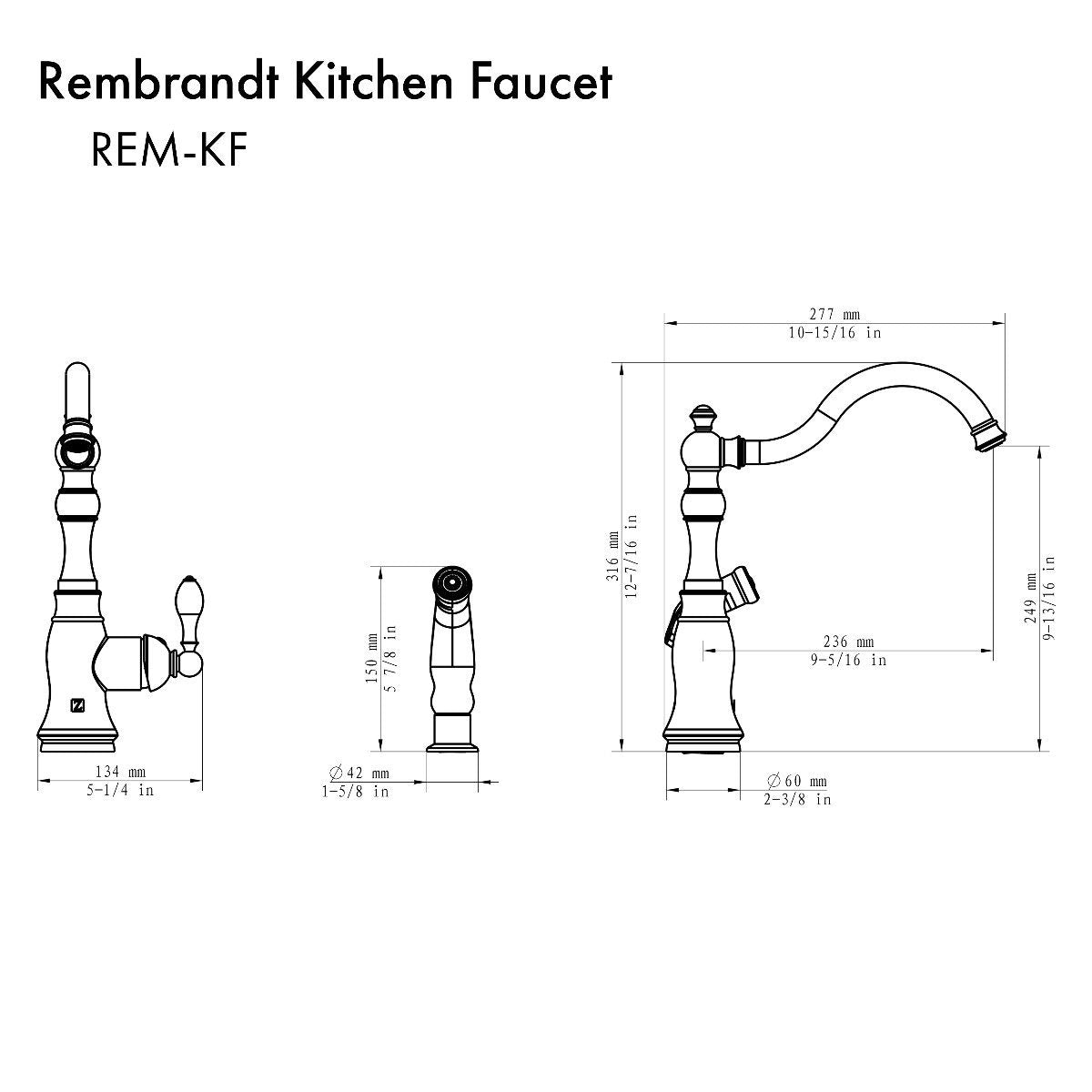 Brushed nickel kitchen faucet with single lever and curved spout; technical line drawing