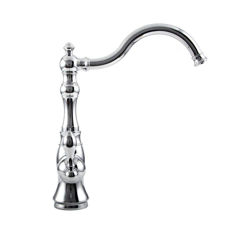 Chrome gooseneck faucet with column base and curved spout