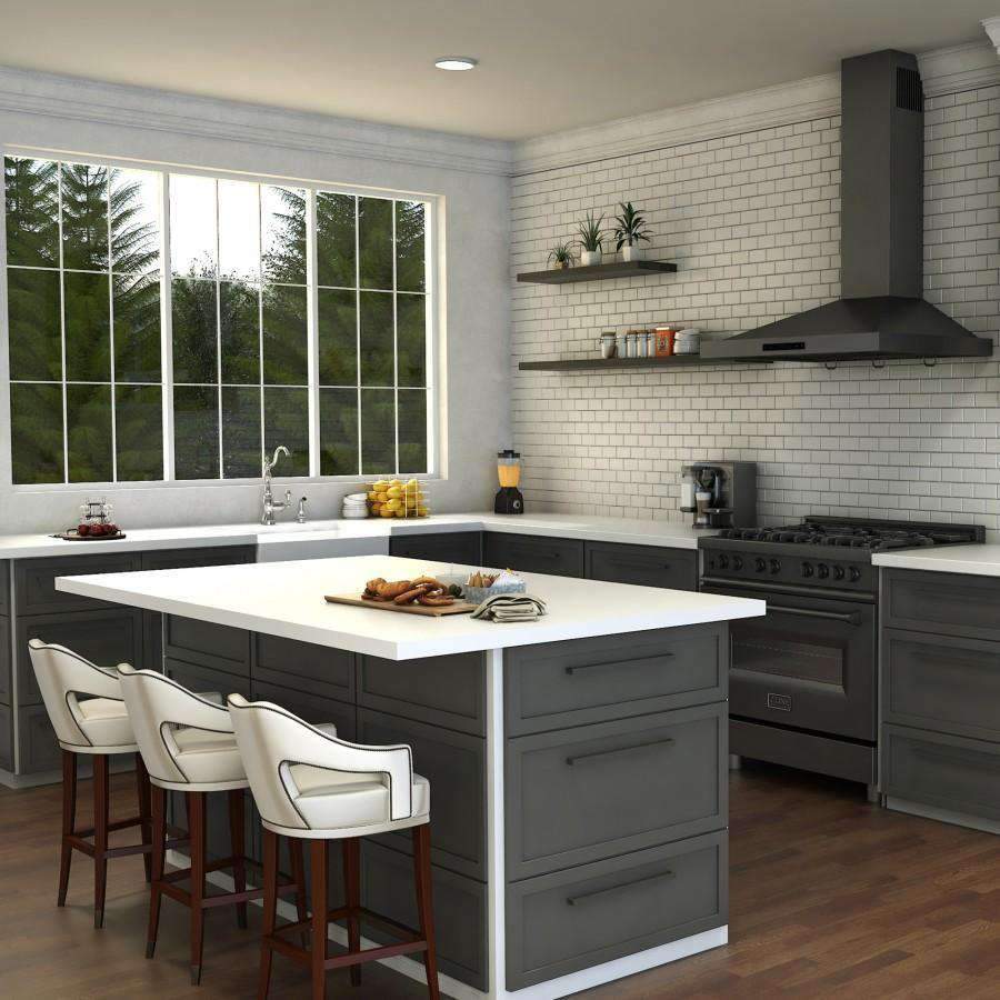Chrome kitchen faucet with two handles and arched spout over white sink