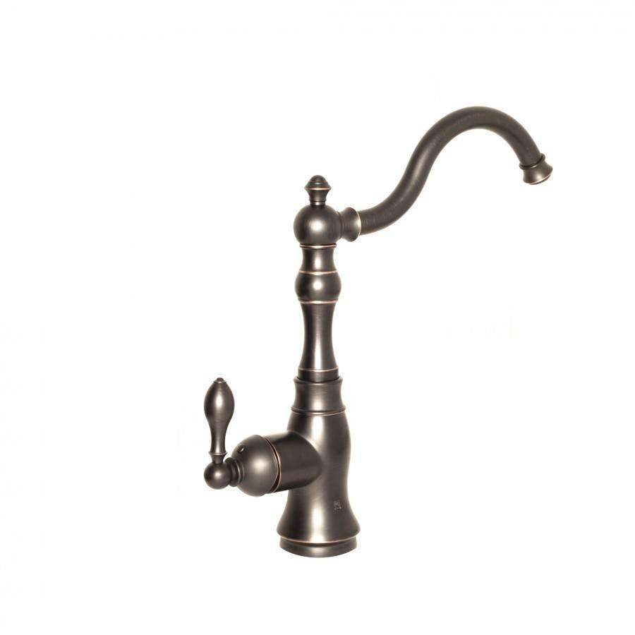 Oil-rubbed bronze kitchen faucet with arched spout and dual control knobs