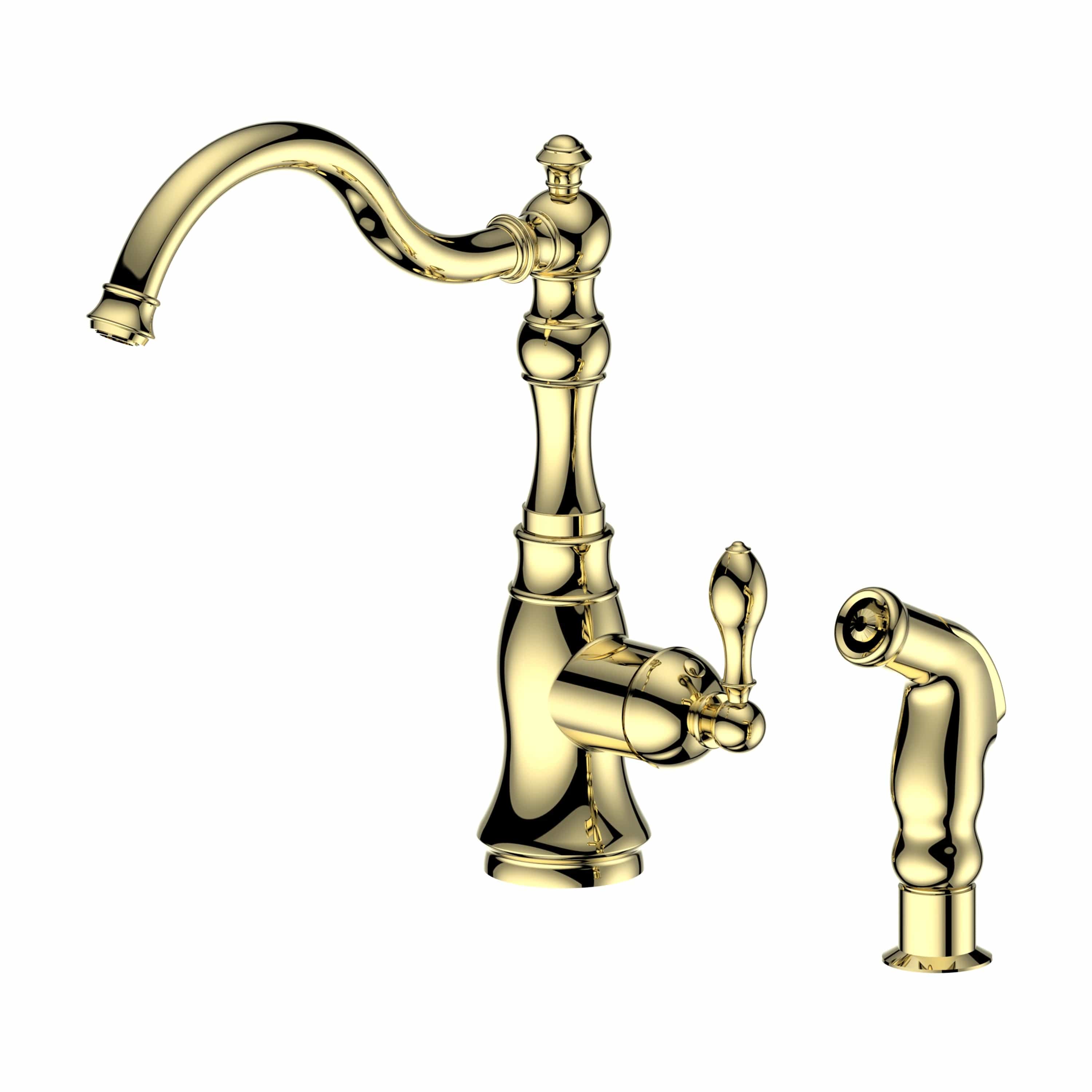 Polished gold kitchen faucet with arched spout and dual handles