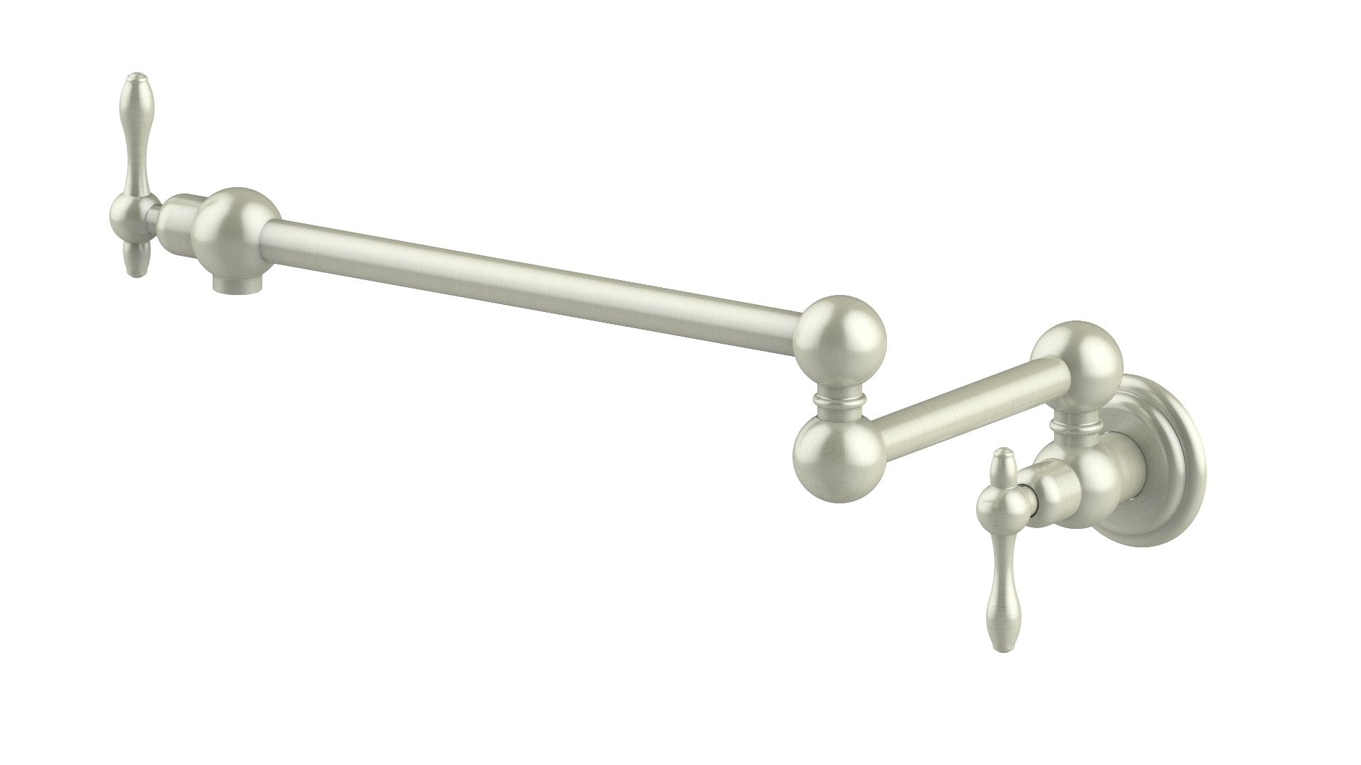 Brushed nickel pot filler faucet with dual handles and long swivel spout