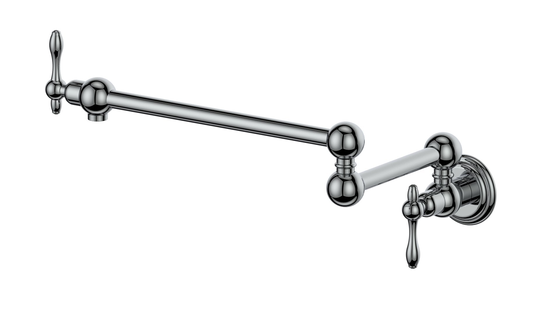 Chrome pot filler faucet with wall-mount swivel spout and two handle controls