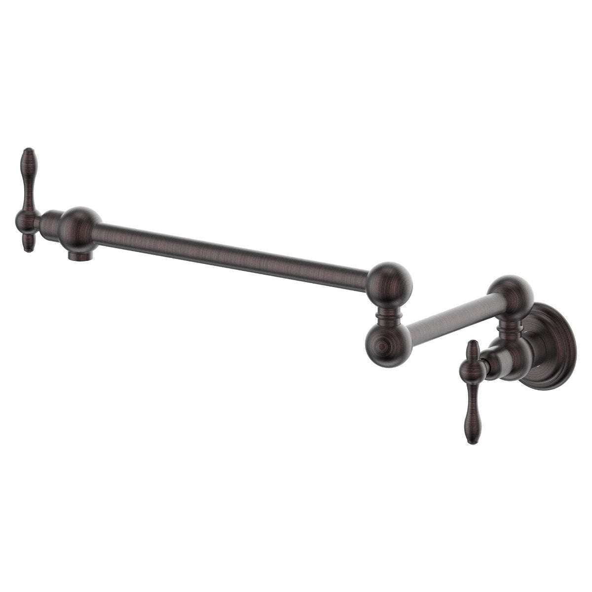 Oil-rubbed bronze pot filler faucet with long wall arm, two valve handles, wall mount