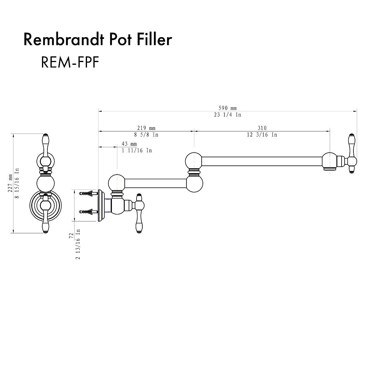 Pot filler faucet installation diagram with measurements and wall-mount valves