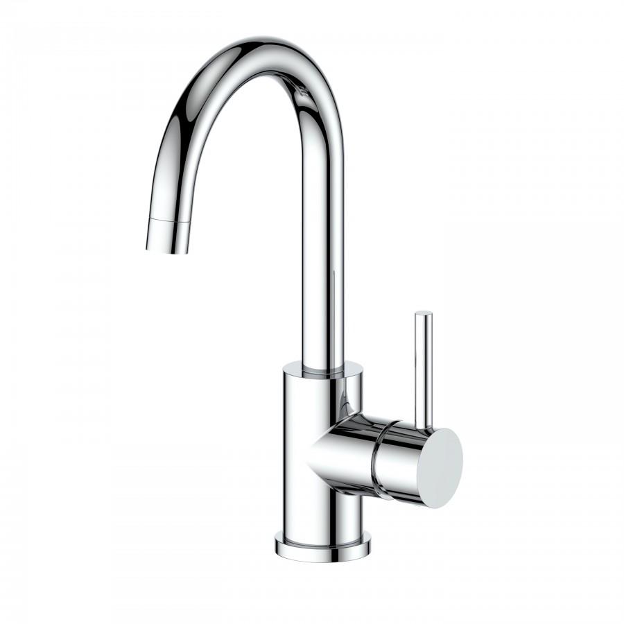Close-up of chrome kitchen faucet with curved spout and single control lever.