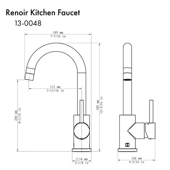 Kitchen faucet technical diagram showing arched spout and single lever handle.