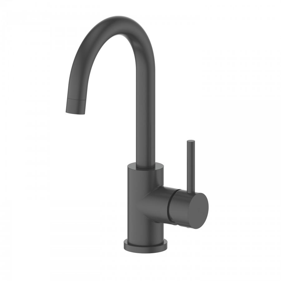 Matte black kitchen faucet with curved spout and cylindrical side handle base
