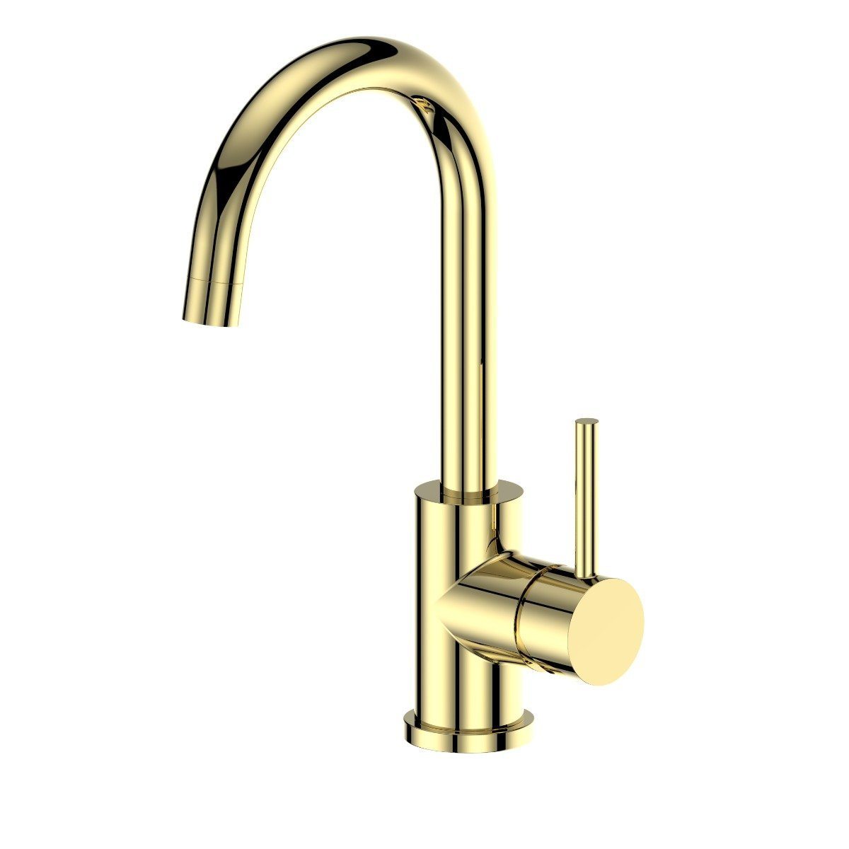 Polished gold kitchen faucet with curved spout and cylindrical single handle