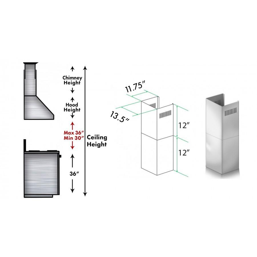 Stainless steel chimney short kit pieces with vent slots and height dimension markings