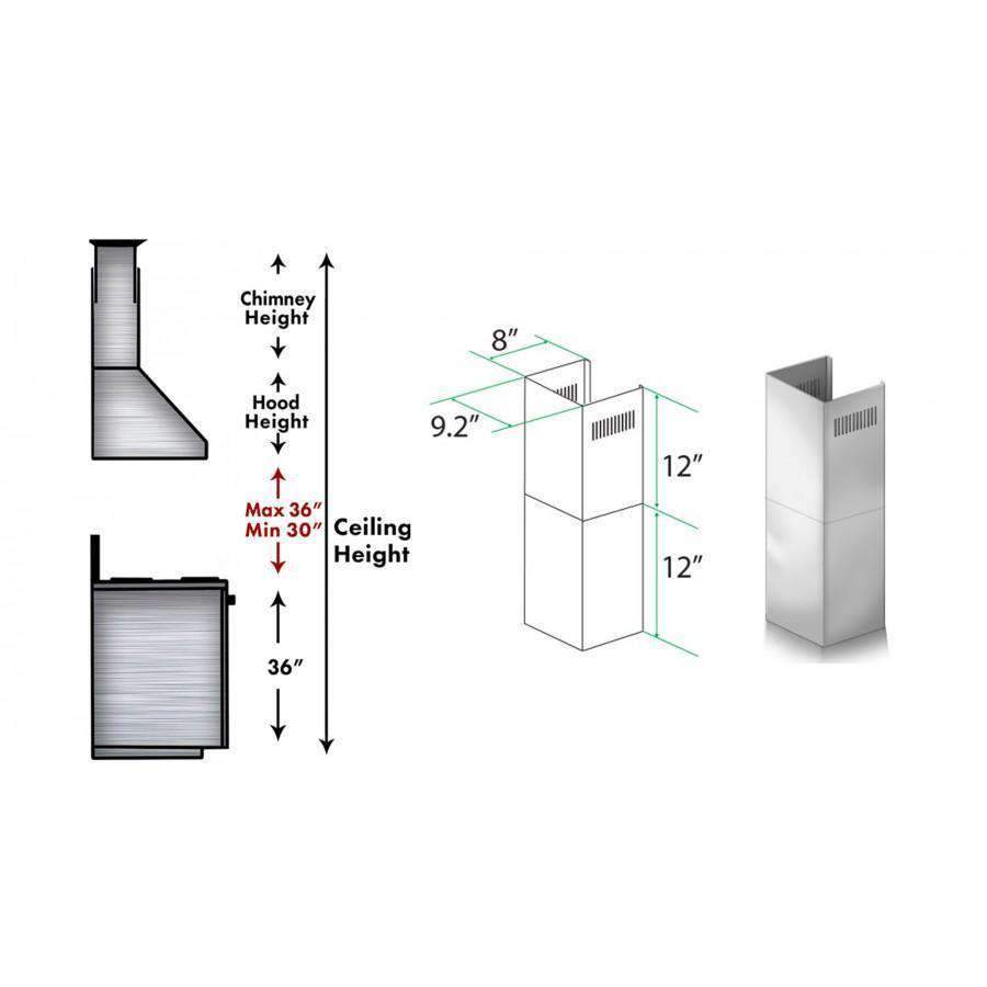 ZLINE stainless steel short chimney kit dimensions, two-piece 12 in sections for KB/KL2/KL3-304