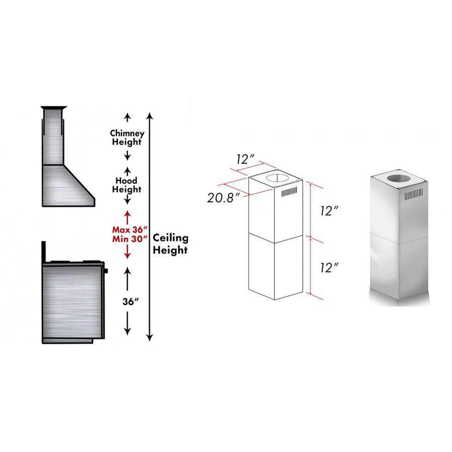 Short chimney kit height and clearance diagram for models 697i/KECOMi
