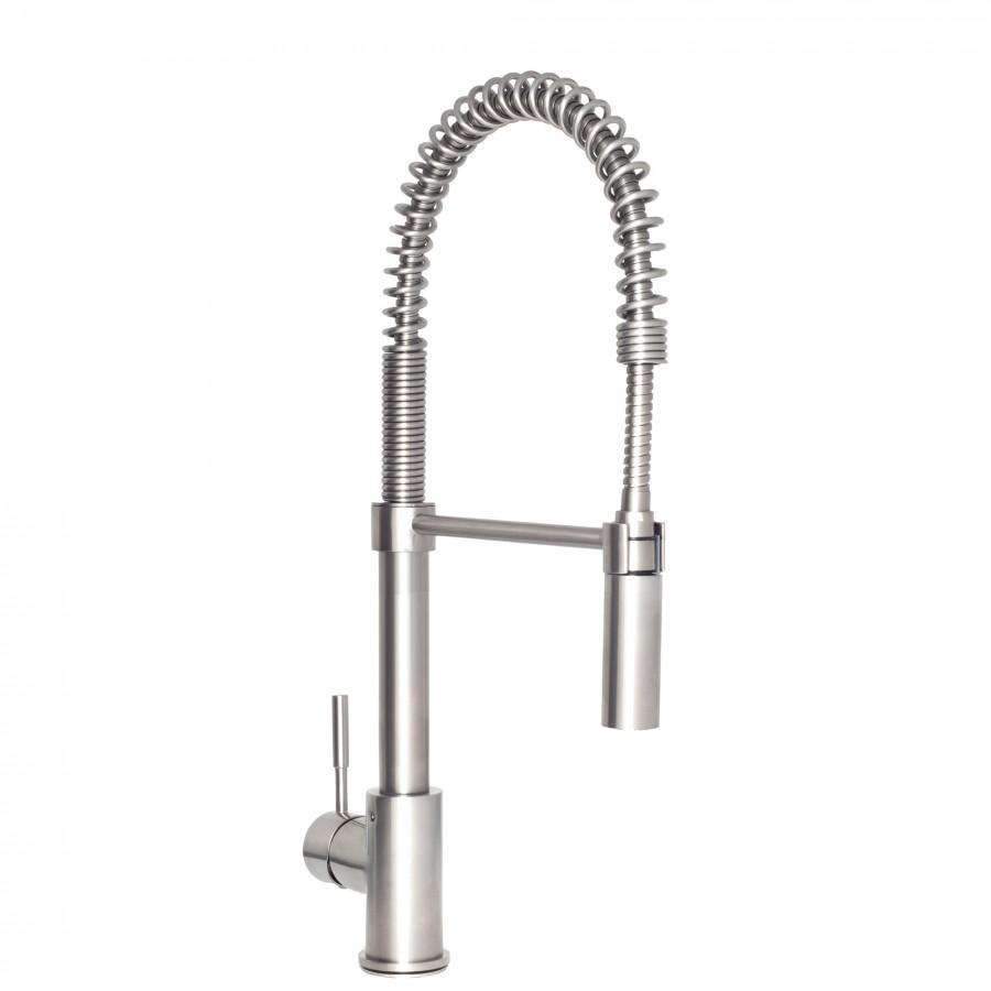Brushed nickel pull-down kitchen faucet with spring sprayer hose