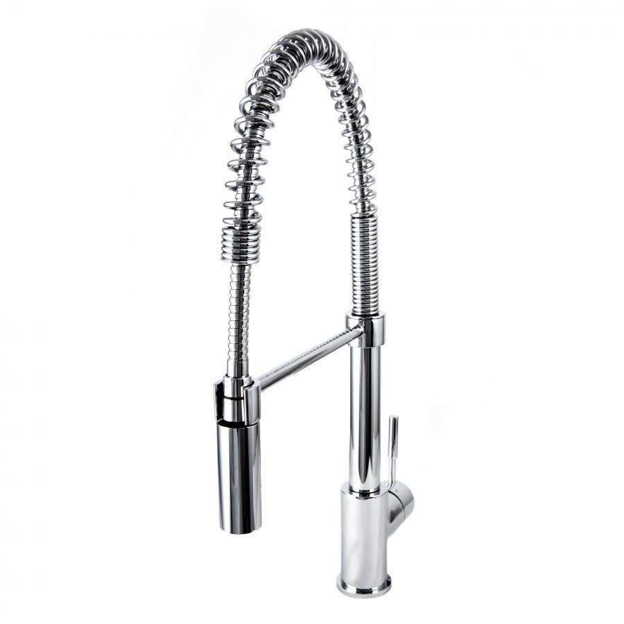 Chrome kitchen faucet with tall arched neck and twin pull-down sprayers